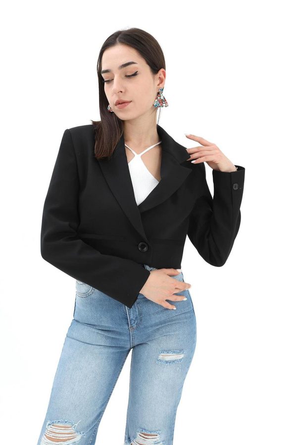 Çift Peto Cepli Kısa Crop Blazer Ceket - Siyah