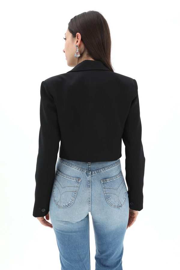 Çift Peto Cepli Kısa Crop Blazer Ceket - Siyah - Görsel 3