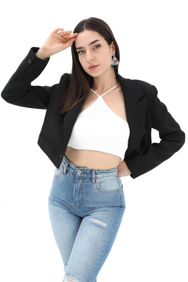 Çift Peto Cepli Kısa Crop Blazer Ceket - Siyah - Görsel 2