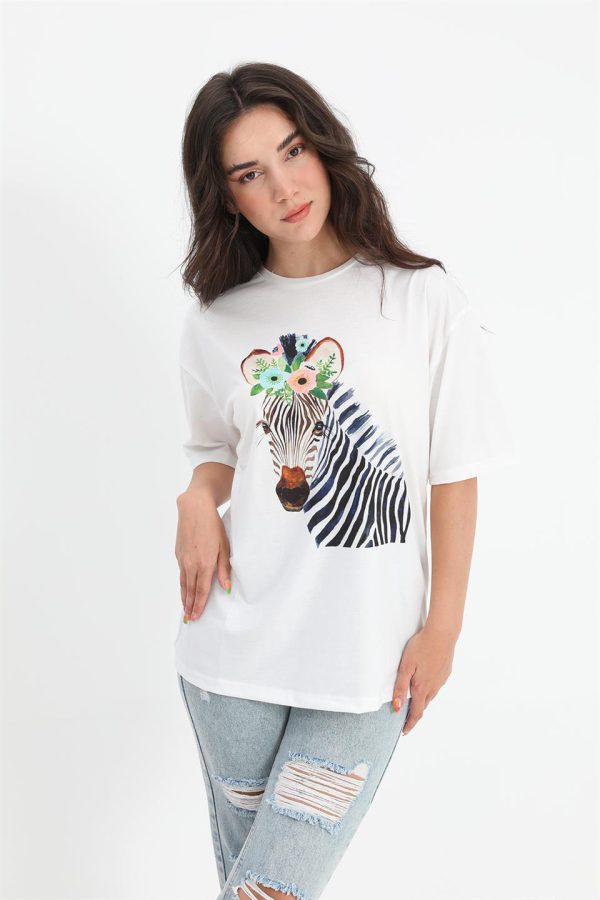 T-shirt Bisiklet Yaka Zebra Desenli - Ekru - Görsel 2