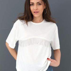 T-shirt Bisiklet Yaka Zincir Detaylı - Ekru