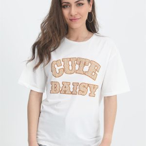 T-shirt Kabartma Baskı Bisiklet Yaka - Bej