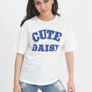 T-shirt Kabartma Baskı Bisiklet Yaka - Mavi