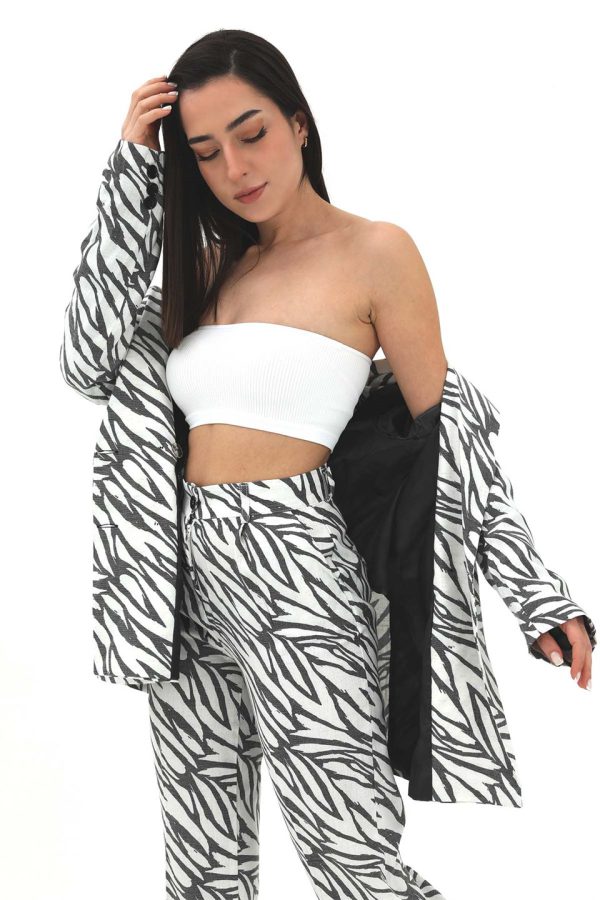 Zebra Desen Oversize Keten Ceket - Siyah - Görsel 3