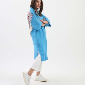 Arkası Baskılı Püsküllü Kimono - Mavi