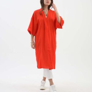 Arkası Baskılı Püsküllü Kimono - Turuncu