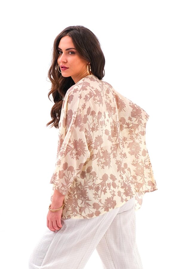 Çiçek Desenli Truvakar Kol Kimono - Kahve - Görsel 4
