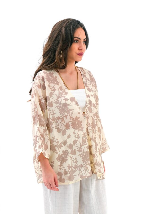 Çiçek Desenli Truvakar Kol Kimono - Kahve - Görsel 2