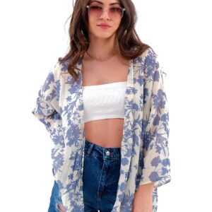 Çiçek Desenli Truvakar Kol Kimono - Mavi