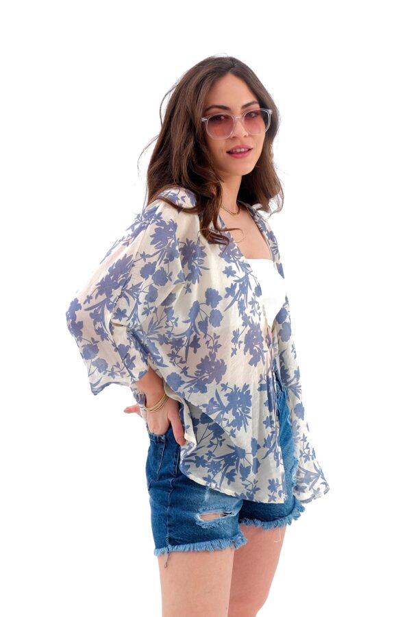 Çiçek Desenli Truvakar Kol Kimono - Mavi - Görsel 4