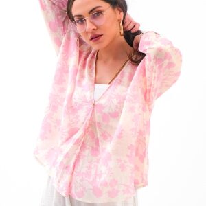 Çiçek Desenli Truvakar Kol Kimono - Pembe