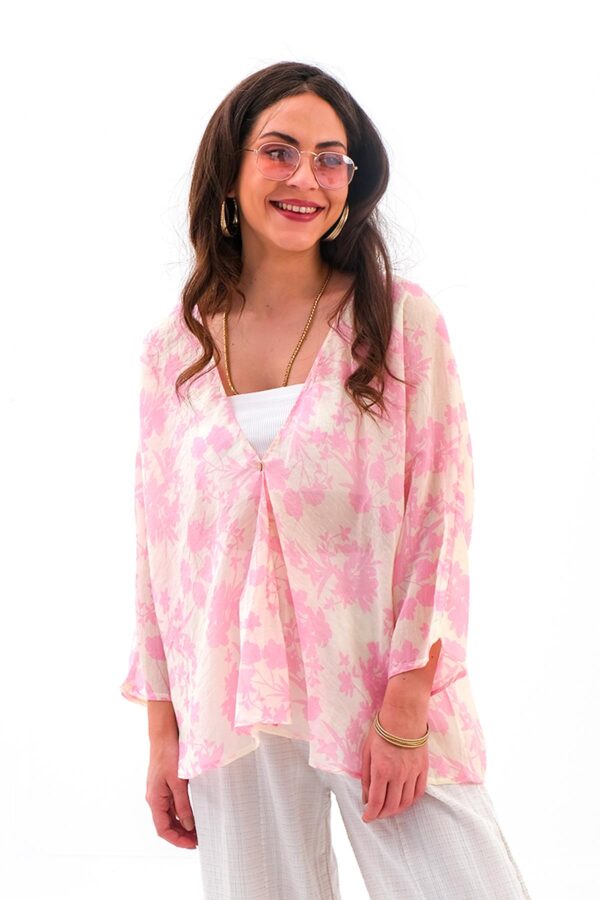 Çiçek Desenli Truvakar Kol Kimono - Pembe - Görsel 2