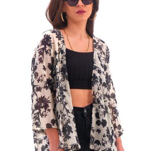 Çiçek Desenli Truvakar Kol Kimono - Siyah