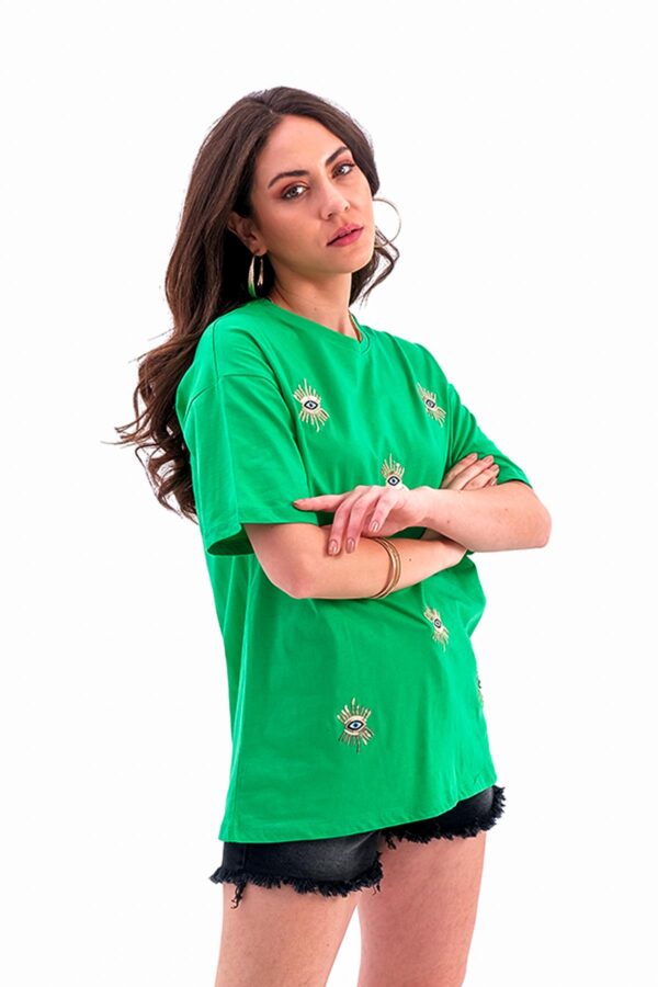 Göz Nakışlı Süprem Tişört - Yeşil - Görsel 2