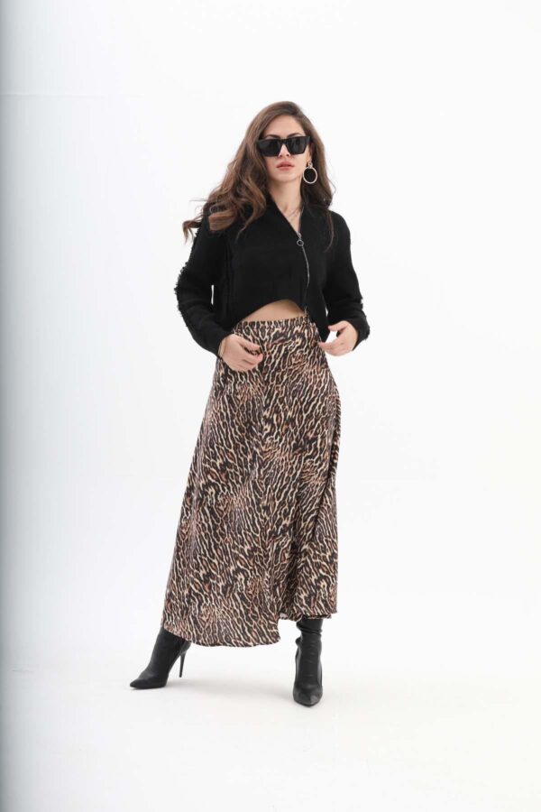 Leopar Desenli Parçalı Saten Etek - Siyah - Görsel 2