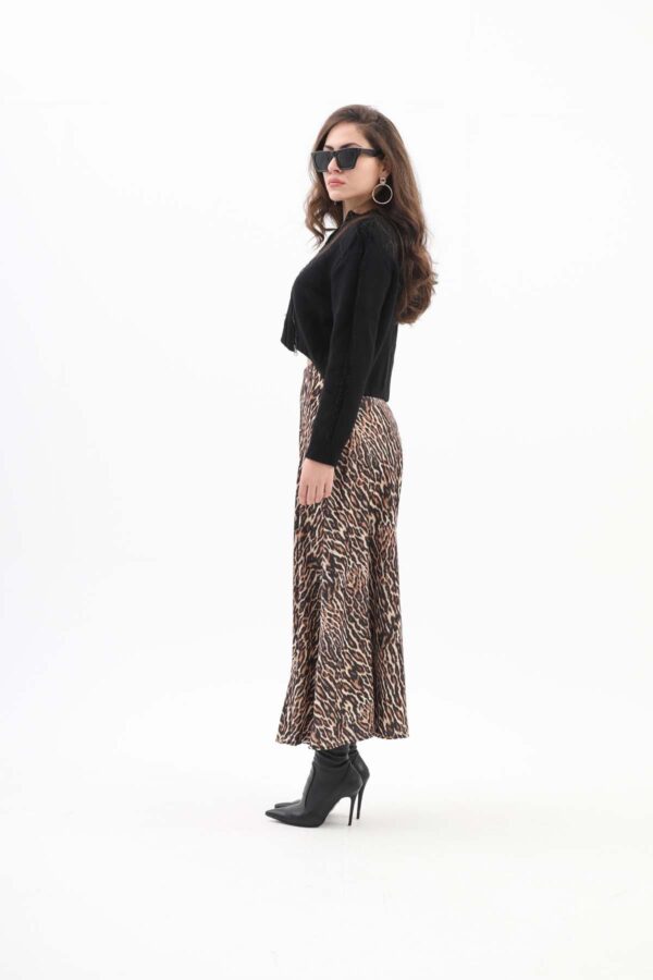 Leopar Desenli Parçalı Saten Etek - Siyah - Görsel 5
