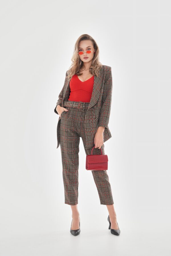 Omuzları Vatkalı Önü Çıtçıtlı Ekose Blazer Ceket - Kırmızı - Görsel 2