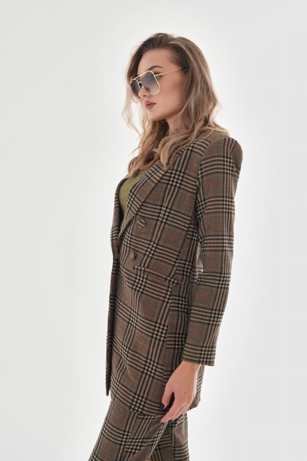Omuzları Vatkalı Önü Çıtçıtlı Ekose Blazer Ceket - Vizon - Görsel 4
