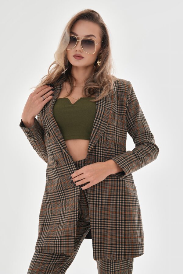 Omuzları Vatkalı Önü Çıtçıtlı Ekose Blazer Ceket - Vizon - Görsel 2