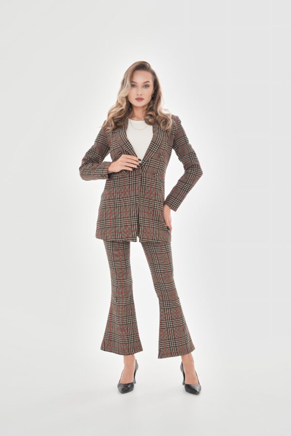 Omuzları Vatkalı Önü Çıtçıtlı Ekose Blazer Ceket - Kırmızı - Görsel 3