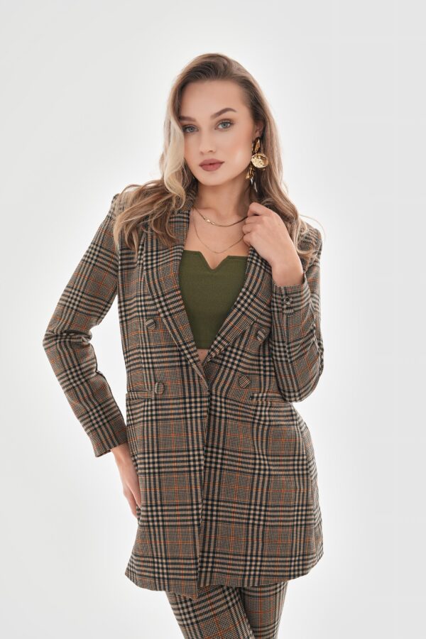 Omuzları Vatkalı Önü Çıtçıtlı Ekose Blazer Ceket - Vizon - Görsel 5