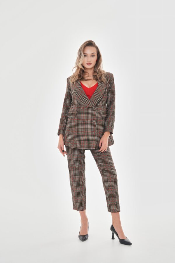 Omuzları Vatkalı Önü Çıtçıtlı Ekose Blazer Ceket - Kırmızı - Görsel 4