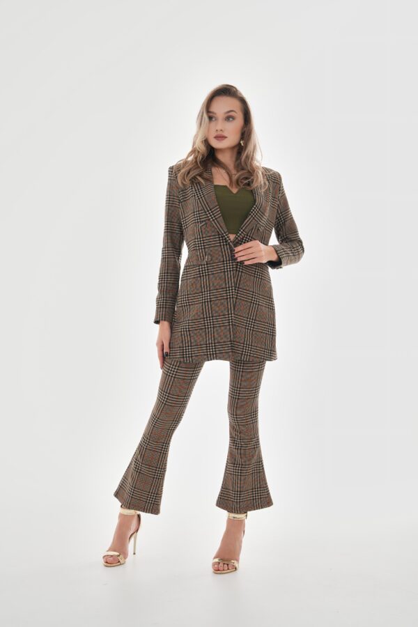 Omuzları Vatkalı Önü Çıtçıtlı Ekose Blazer Ceket - Vizon - Görsel 3
