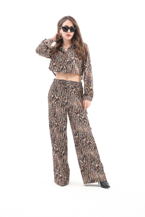 Önü Çimalı Beli Lastikli Leopar Desen Pantolon - Siyah - Görsel 3