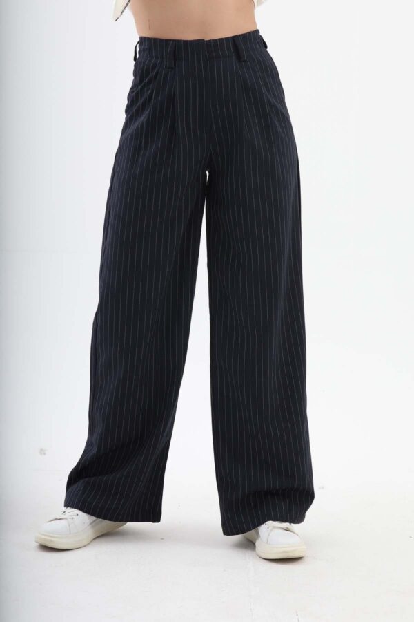Pile Detaylı Çizgili Poliviskon Pantolon - Lacivert - Görsel 4