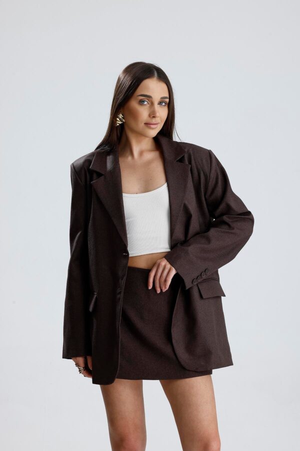 Üç Cepli Önü Düğmeli Oversize Blazer Ceket - Kahverengi - Görsel 2