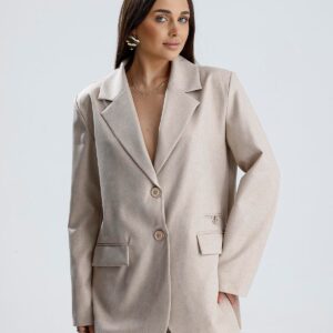 Üç Cepli Önü Düğmeli Oversize Blazer Ceket - Bej