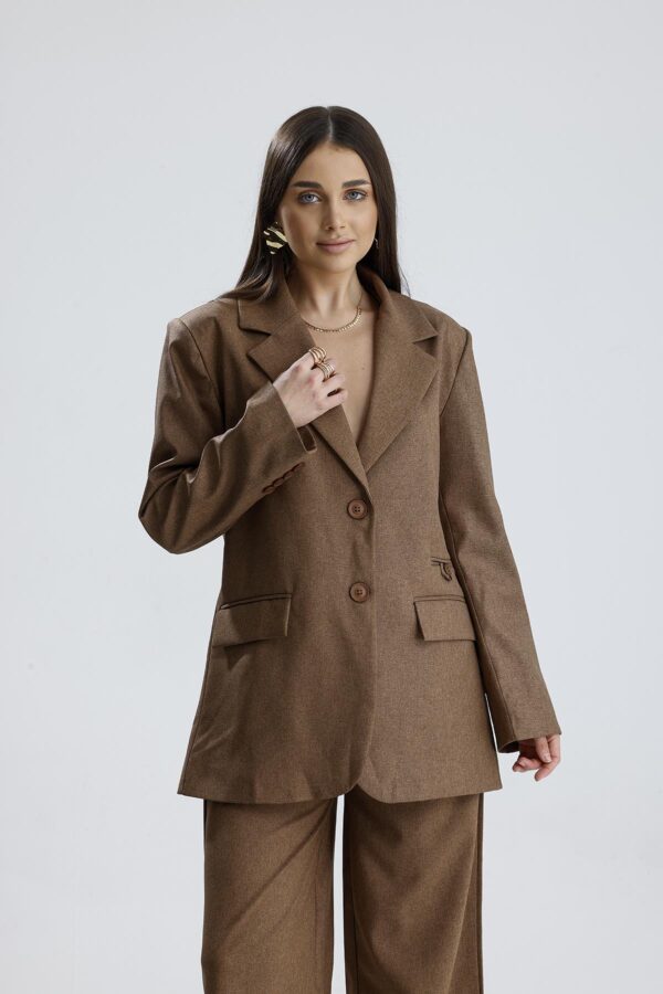 Üç Cepli Önü Düğmeli Oversize Blazer Ceket - Açık Kahve - Görsel 2