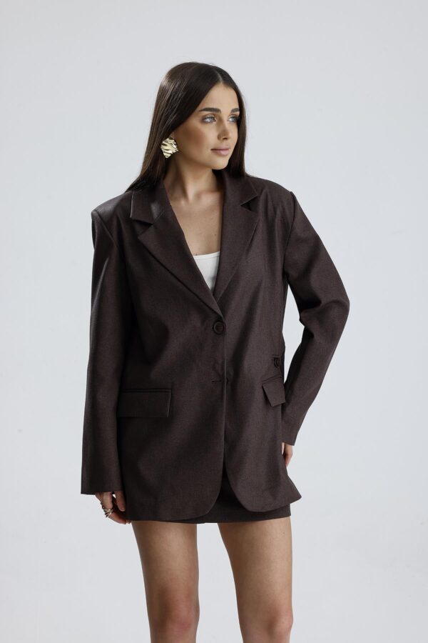 Üç Cepli Önü Düğmeli Oversize Blazer Ceket - Kahverengi - Görsel 3