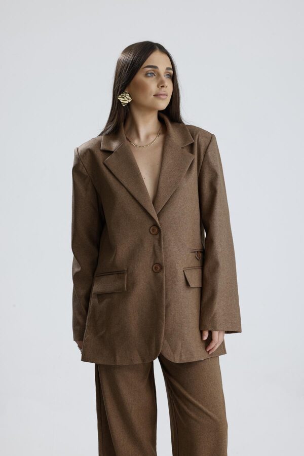 Üç Cepli Önü Düğmeli Oversize Blazer Ceket - Açık Kahve - Görsel 3