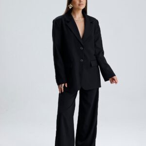 Üç Cepli Önü Düğmeli Oversize Blazer Ceket - Siyah