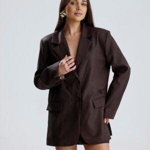 Üç Cepli Önü Düğmeli Oversize Blazer Ceket - Kahverengi