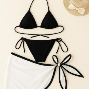 Kadın Siyah Beyaz Pareolu Yandan ve Boyundan Bağlamalı 3'lü Bikini Takımı – Modern, Konforlu ve Günlük Kombinlere Uygun