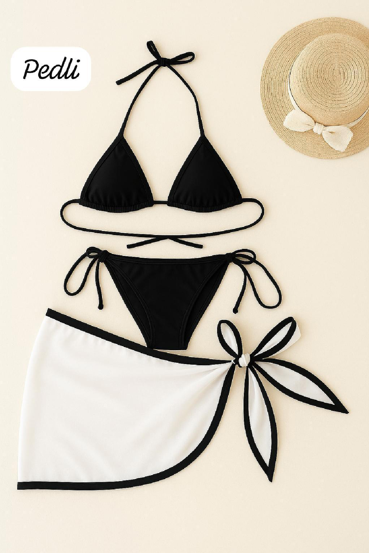 Kadın Siyah Beyaz Pareolu Yandan ve Boyundan Bağlamalı 3'lü Bikini Takımı – Modern, Konforlu ve Günlük Kombinlere Uygun