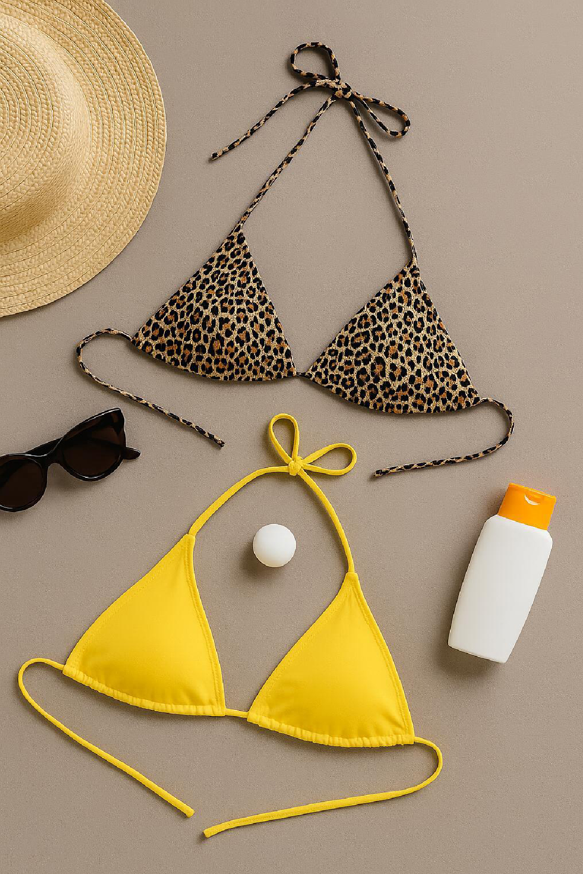 Kadın Leopar Desenli ve Sarı Minimal Kesim Üçgen Bikini Üstü – Modern ve Şık Tasarım
