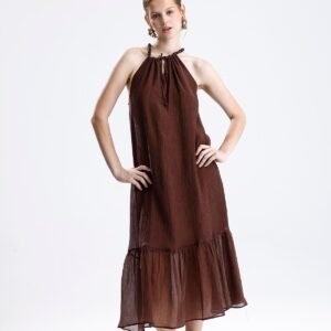 Askılı Boncuklu Kolsuz Elbise - Kahve