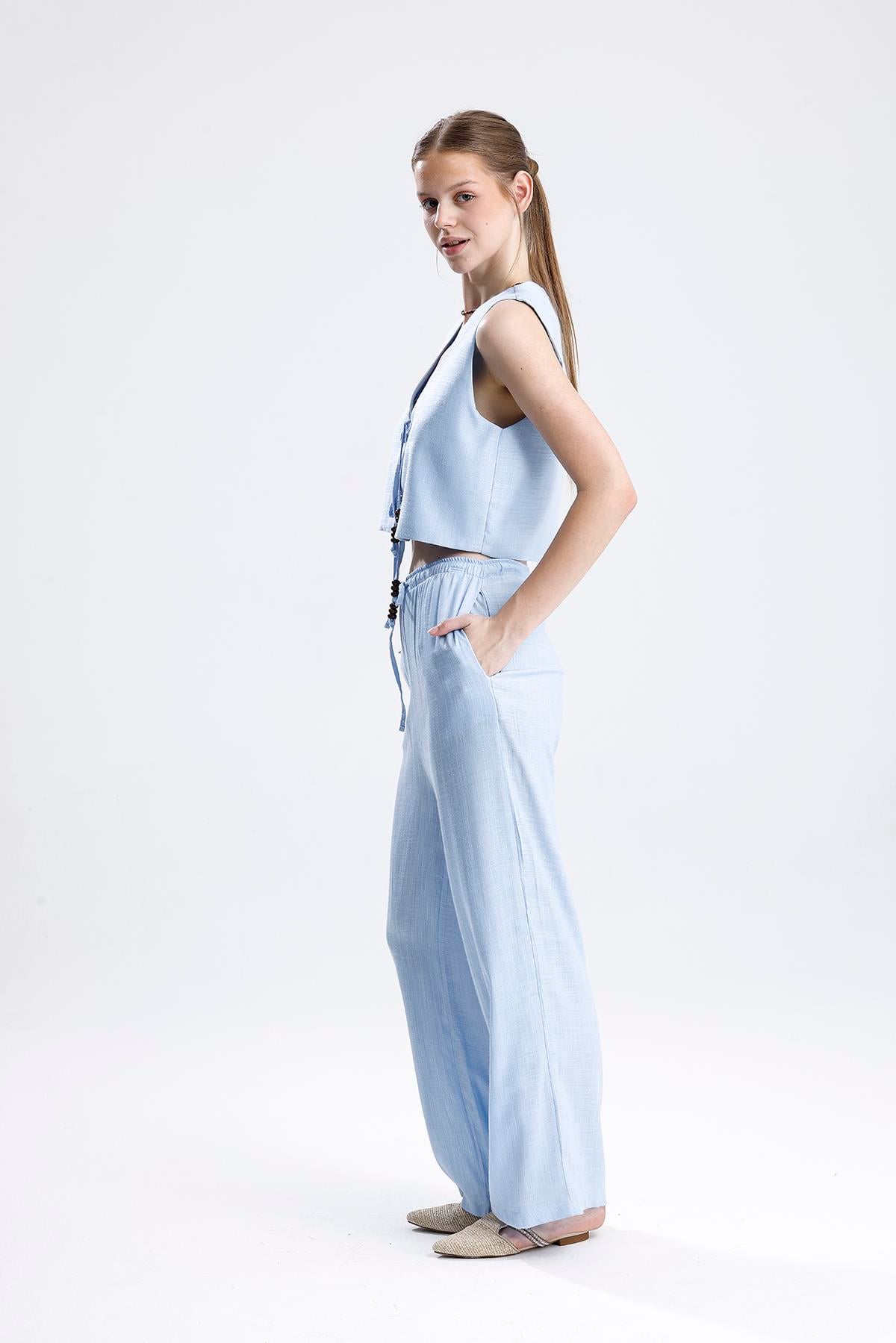 Bağlamalı Boncuklu Yelekli Keten İkili Takım - Mavi - Görsel 3