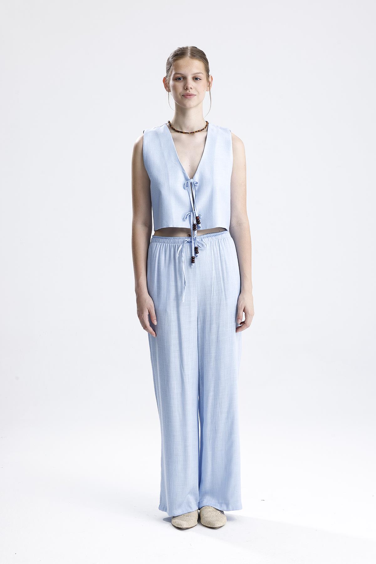 Bağlamalı Boncuklu Yelekli Keten İkili Takım - Mavi - Görsel 2