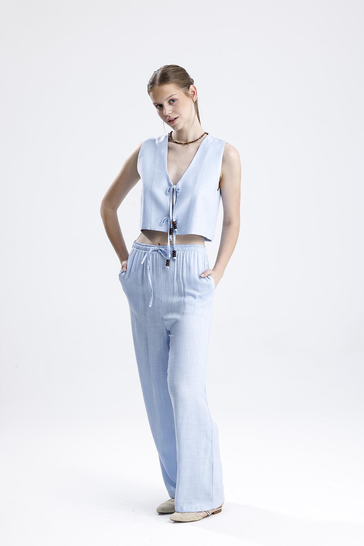 Bağlamalı Boncuklu Yelekli Keten İkili Takım - Mavi - Görsel 5