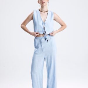 Bağlamalı Boncuklu Yelekli Keten İkili Takım - Mavi