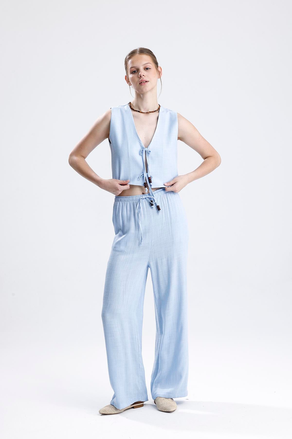 Bağlamalı Boncuklu Yelekli Keten İkili Takım - Mavi