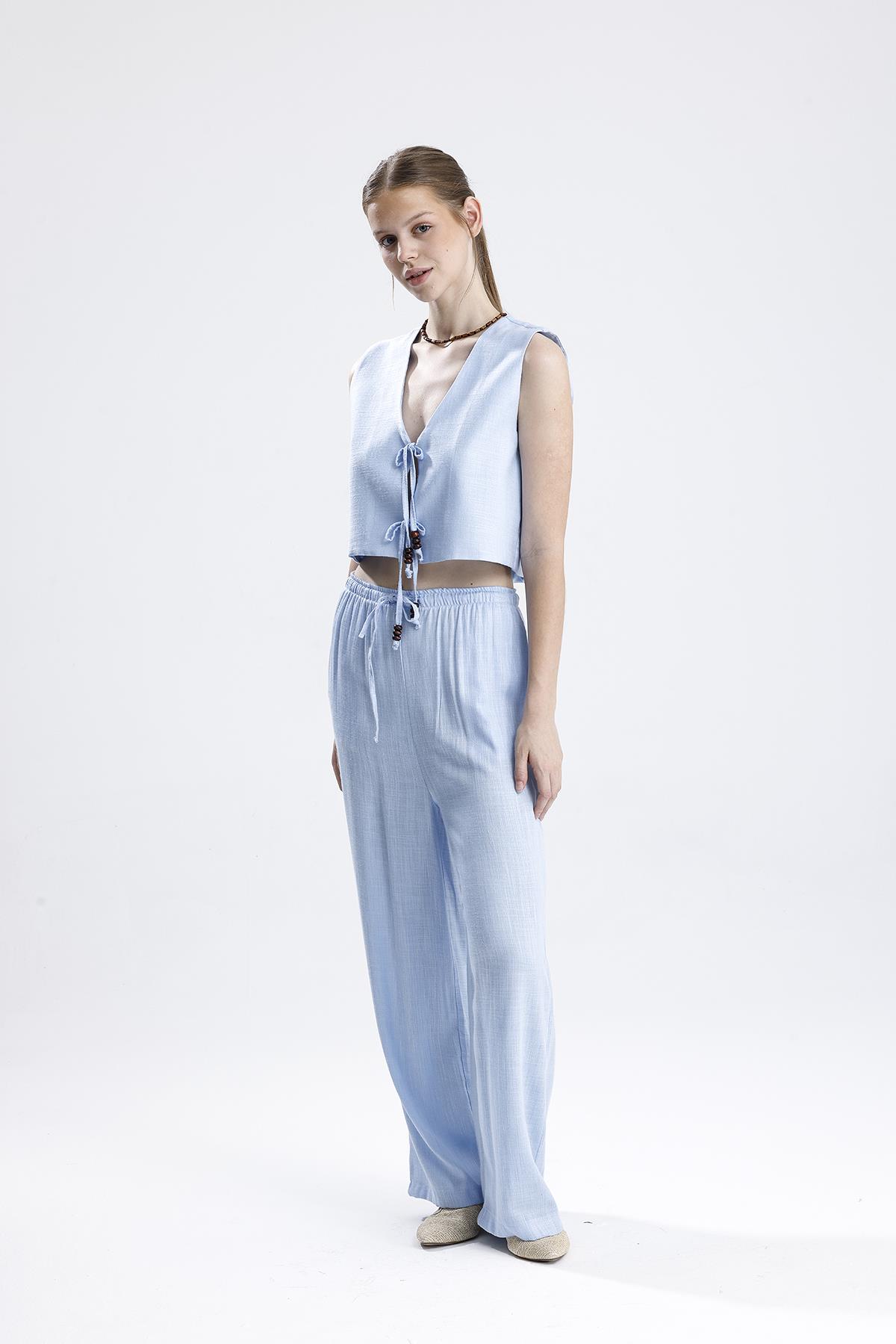 Bağlamalı Boncuklu Yelekli Keten İkili Takım - Mavi - Görsel 6