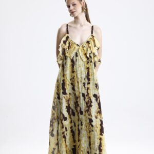 Batik Desenli Fırfır Detaylı Uzun Elbise - Sarı