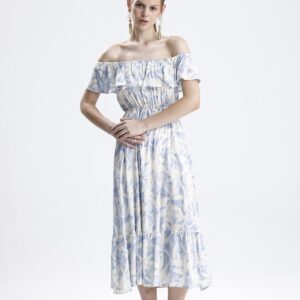 Beli Lastikli Fırfırlı Viskon Elbise Çiçek Desenli - Mavi