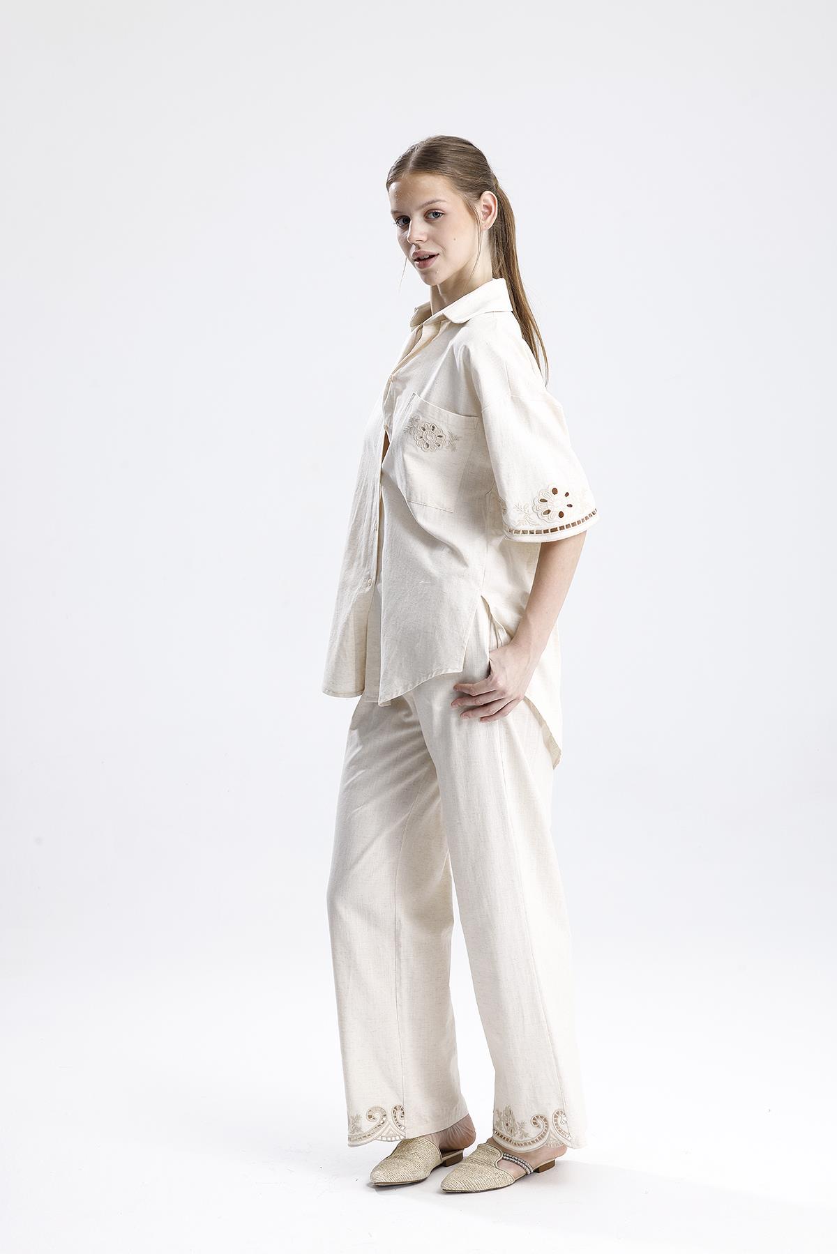 Beyaz İş Nakışlı Keten İkili Takım - Taş - Görsel 4