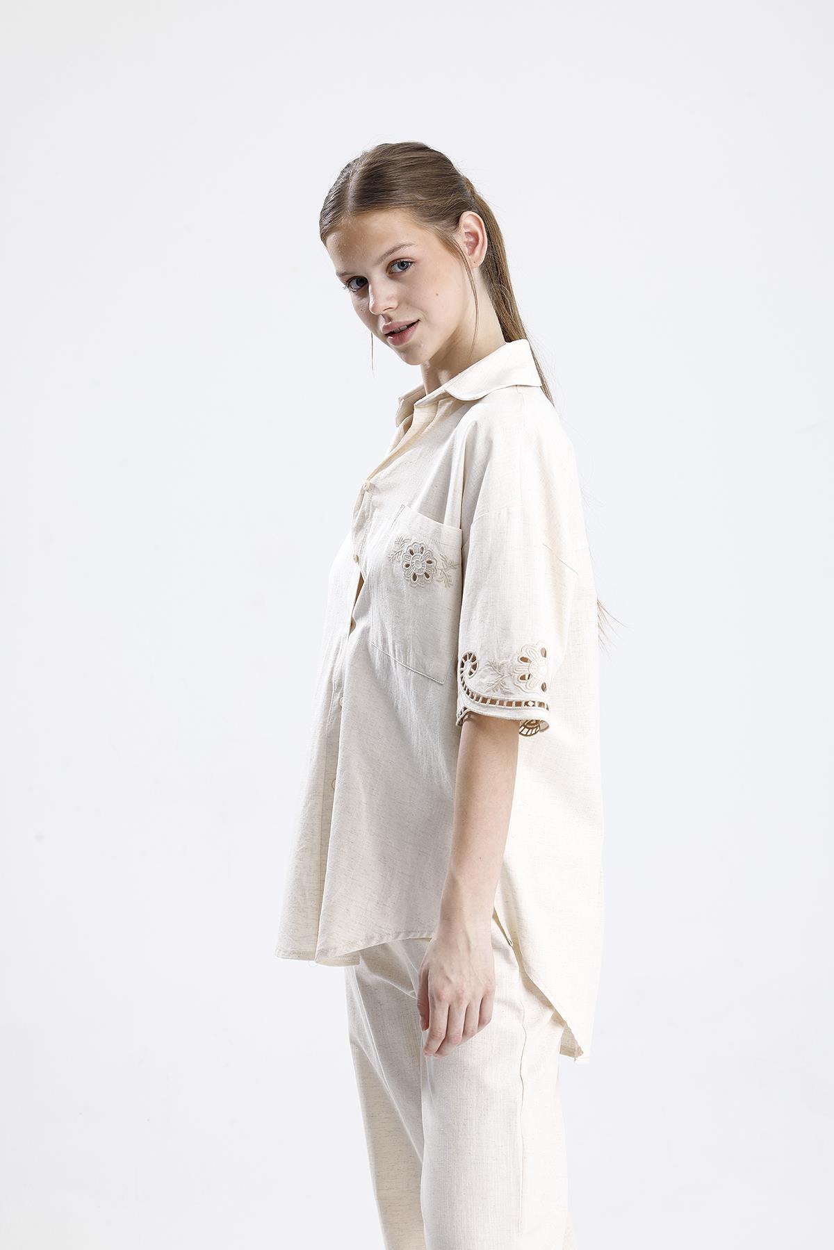 Beyaz İş Nakışlı Keten İkili Takım - Taş - Görsel 6